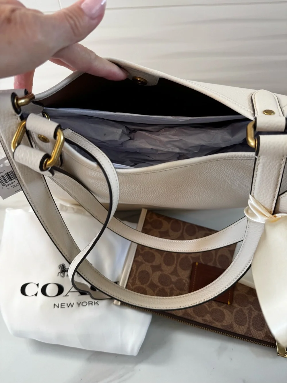 Coach Chalk Pebbled Leather Tote with Signature Brown Pouch